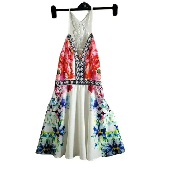 LULUMARI size S WHITE MINI DRESS V NECK FLORAL PRINT ON THE SIDES A-LINE womens - Picture 1 of 10